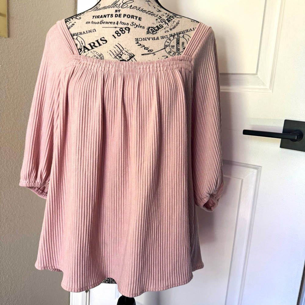 By Together Pink Pleated Square Neck 3/4 Sleeve Pullover Blouse Top S